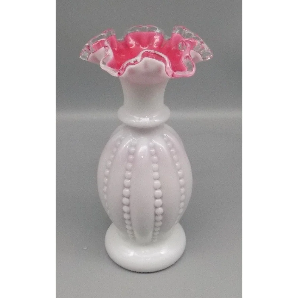Rare Fenton Vase Peach Crest Double Crimped Beaded Melon 50's Cased 8 3/4